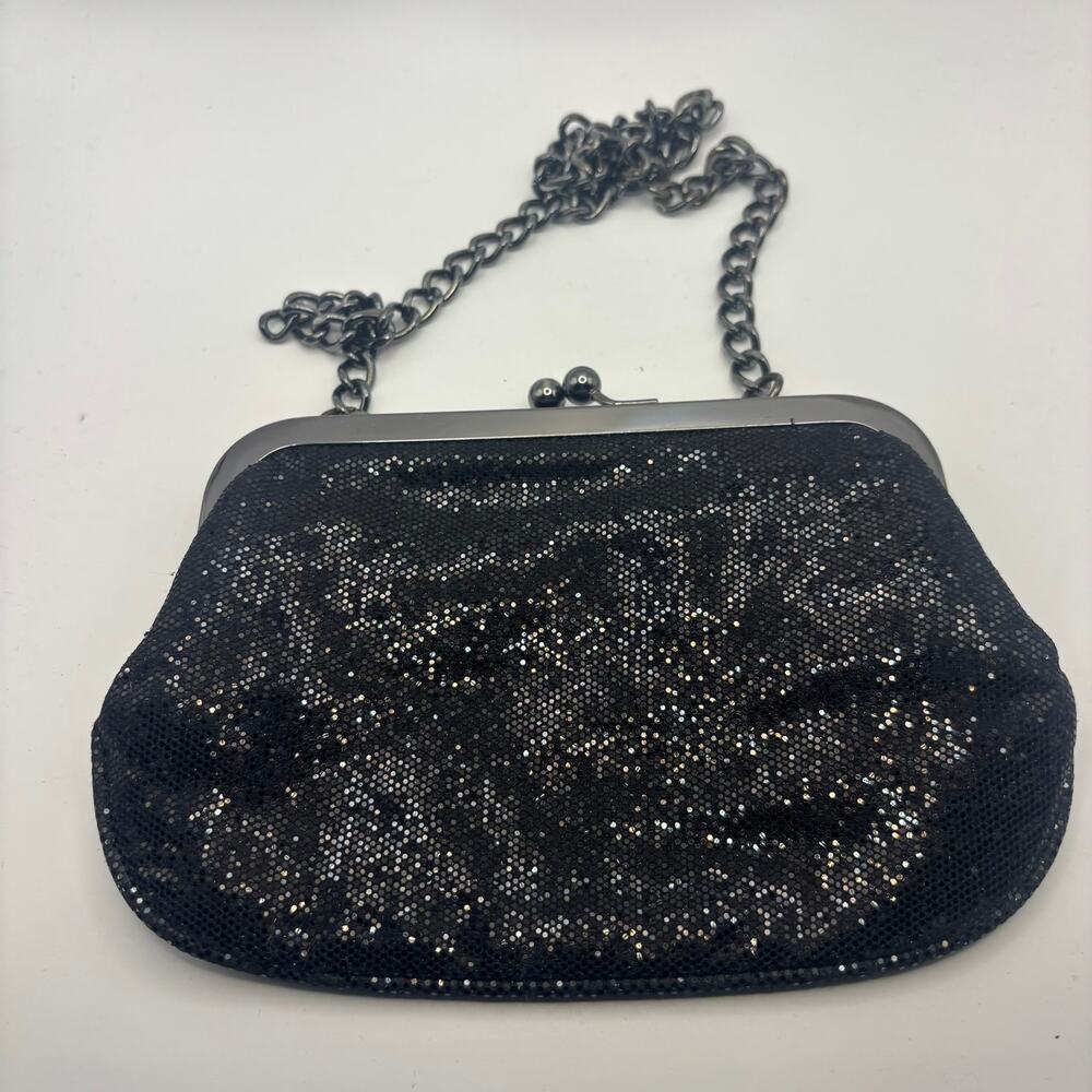 Express Black Silver Metallic Evening Clutch Purse Chain Strap Kiss Lock Y2K